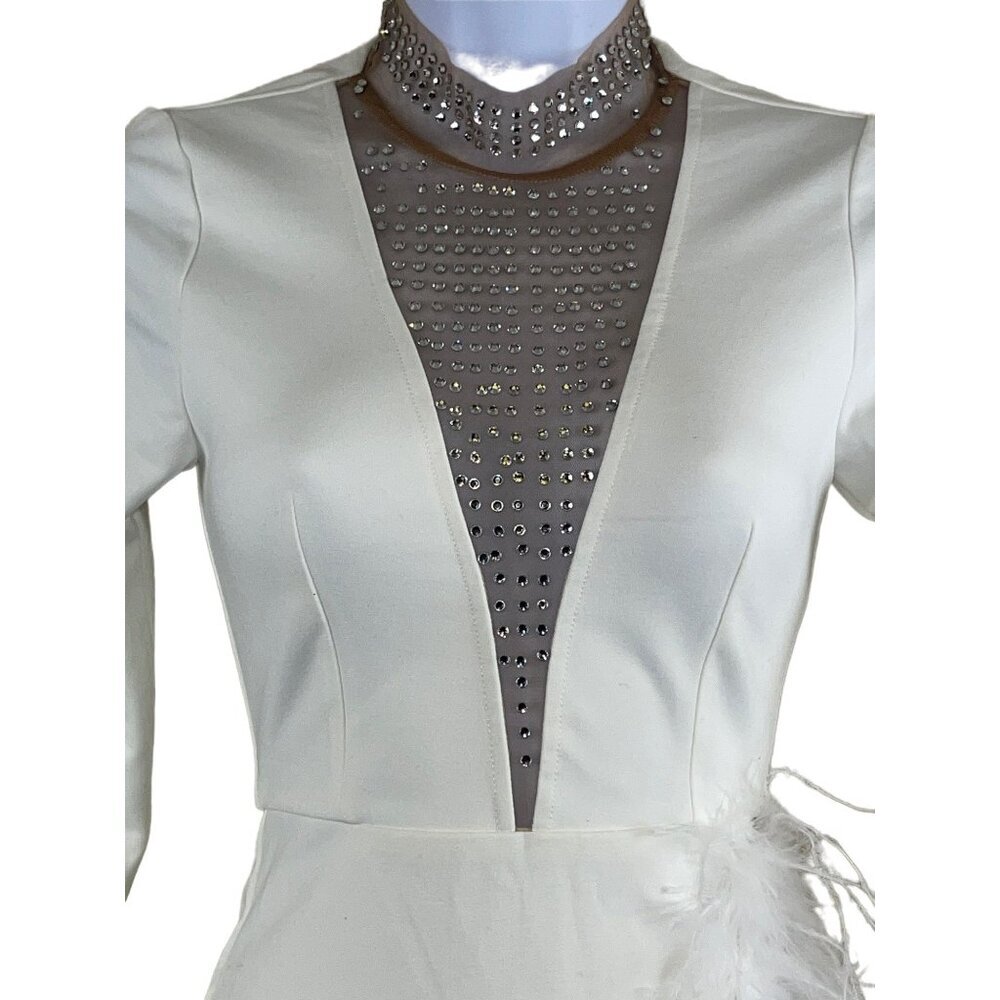 Fashion Nova Trust Fund Please Women's Dress V-Neck Rhinestones Feather Trim XS - Picture 3 of 11
